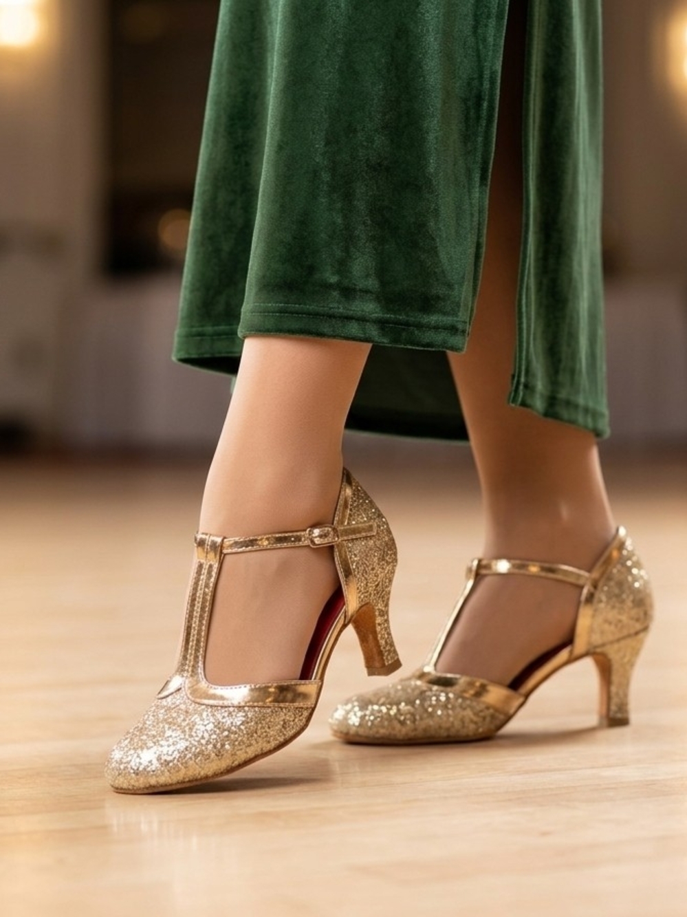 Gold Glitter T-Strap Mid Heel Pumps - Women's #178